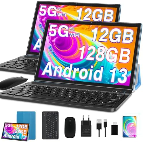 2024 Newest Android 13 Tablet 10 Pollici 12GB RAM+128GB ROM(1TB TF), Octa-Core 2.0Ghz, 5G+2.4G WiFi, GPS, Bluetooth 5.0, 8MP + 5MP, Tipo C, OTG, Cast, Tablet PC con Custodia, Tastiera e Mouse – Blu