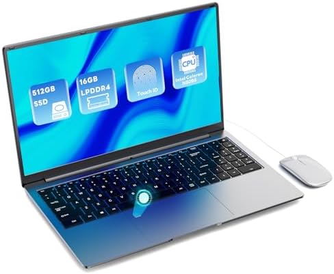 PINSTONE Laptop PC Computer 16 GB RAM LPDDR4 512 GB SSD 15,6 pollici UHD Celeron N5095 Processore Computer con Touch ID WiFi5 Bluetooth 4.0 USB 3.0 (Film tastiera inclusa)