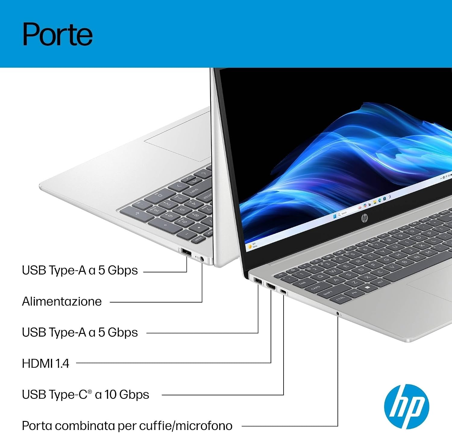 HP Laptop 15-fd1001slx, Notebook, Intel Core 5 120U, 16 GB RAM, 512 GB, Grafica integrata, Display 15,6″ FHD Antiriflesso 250 nits, Laptop, Windows 11, Portatile, Argento